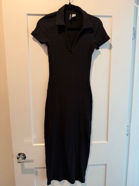 H&M Black Ribbed Polo-Style Midi Dress